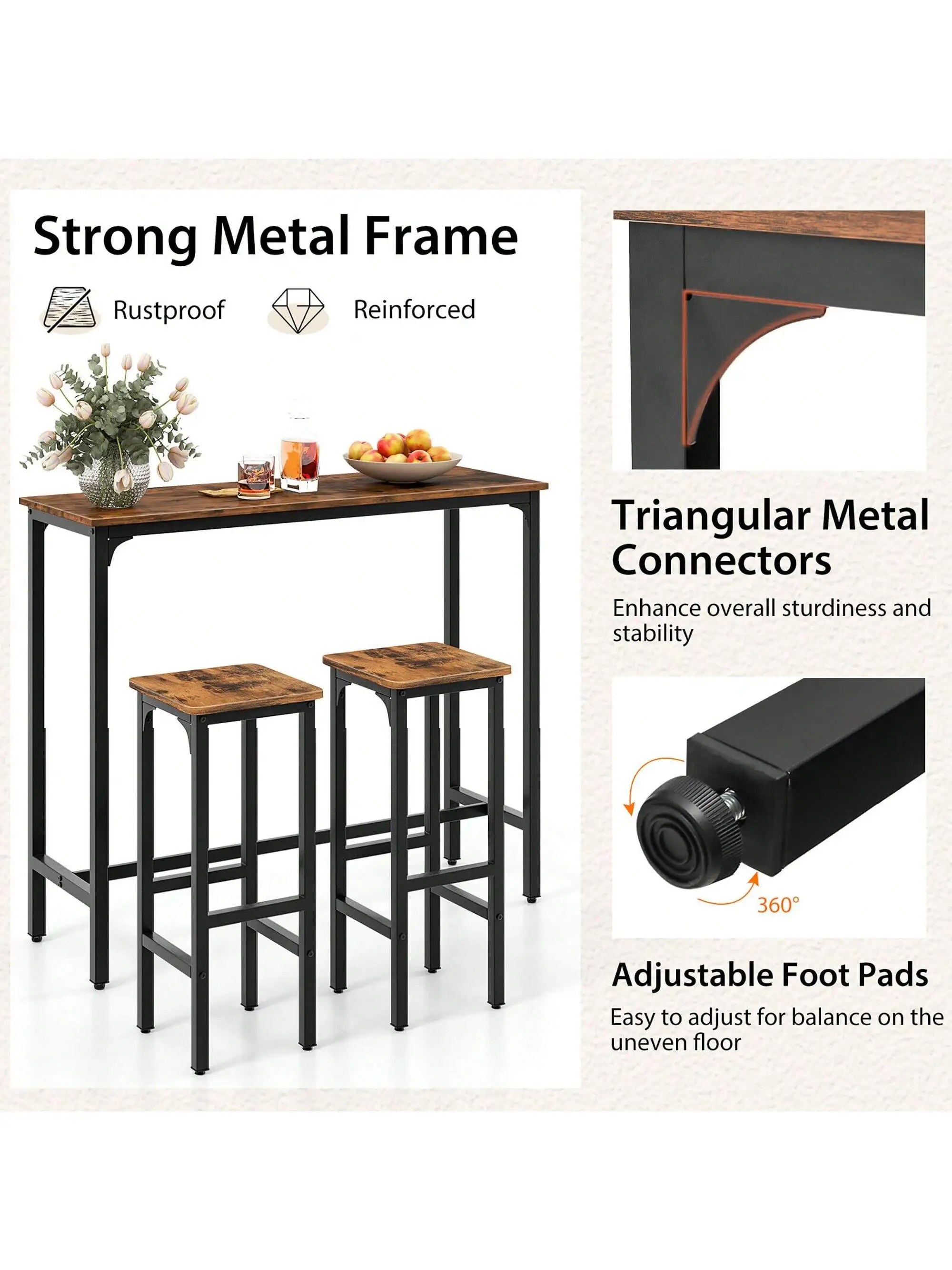 Ensemble de table et chaises de bar avec cadre en métal, table à manger industrielle, ensemble de petit-déjeuner, 3 pièces