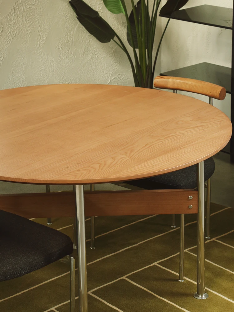 Woodlands solid wood round table/stainless steel Bauhaus retro style