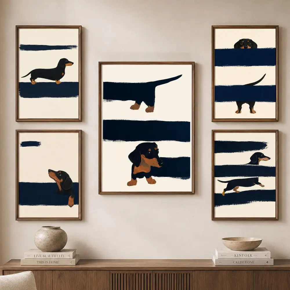 Dachshund Dogs Peeking Navy Stripes Minimalist Cute Scenes Poster Modern Aesthetic Wall Art for Home Bar Cafe Bathroom Decor
