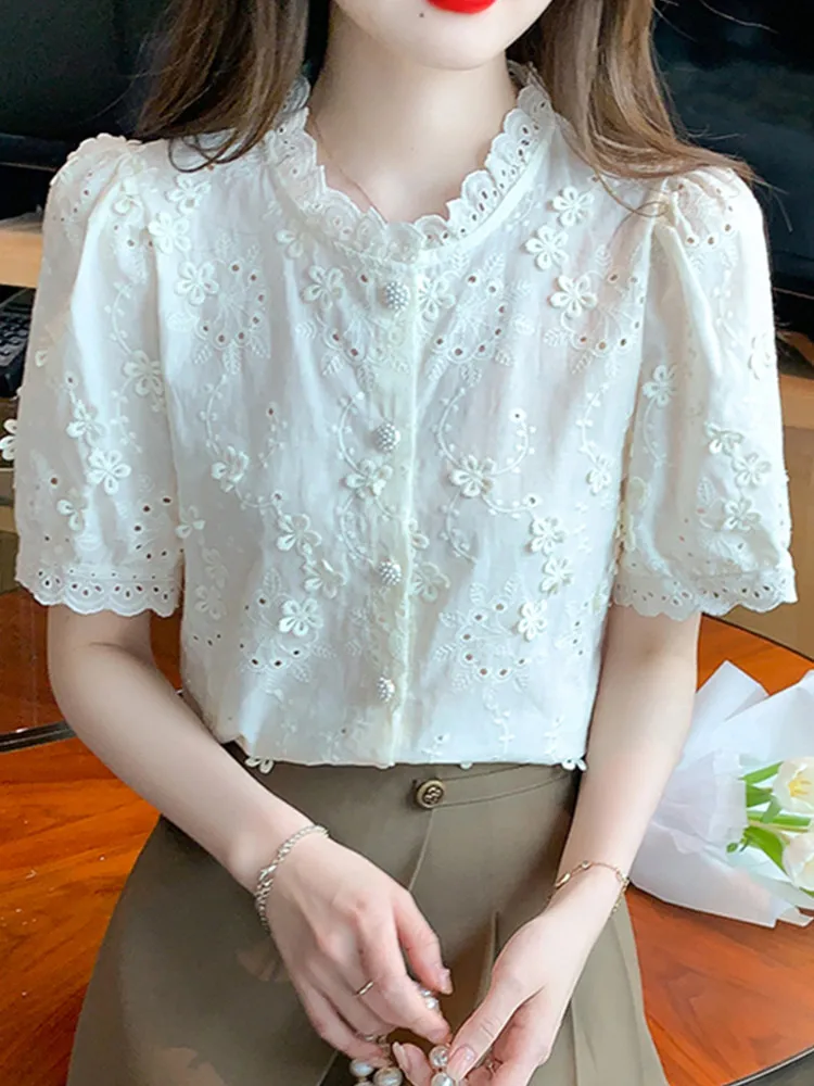 SMTHMA New Arrival French Sweet Short Sleeve Lace Embroidery Flower Shirt For Women Summer Single Breasted Top Female Clothing