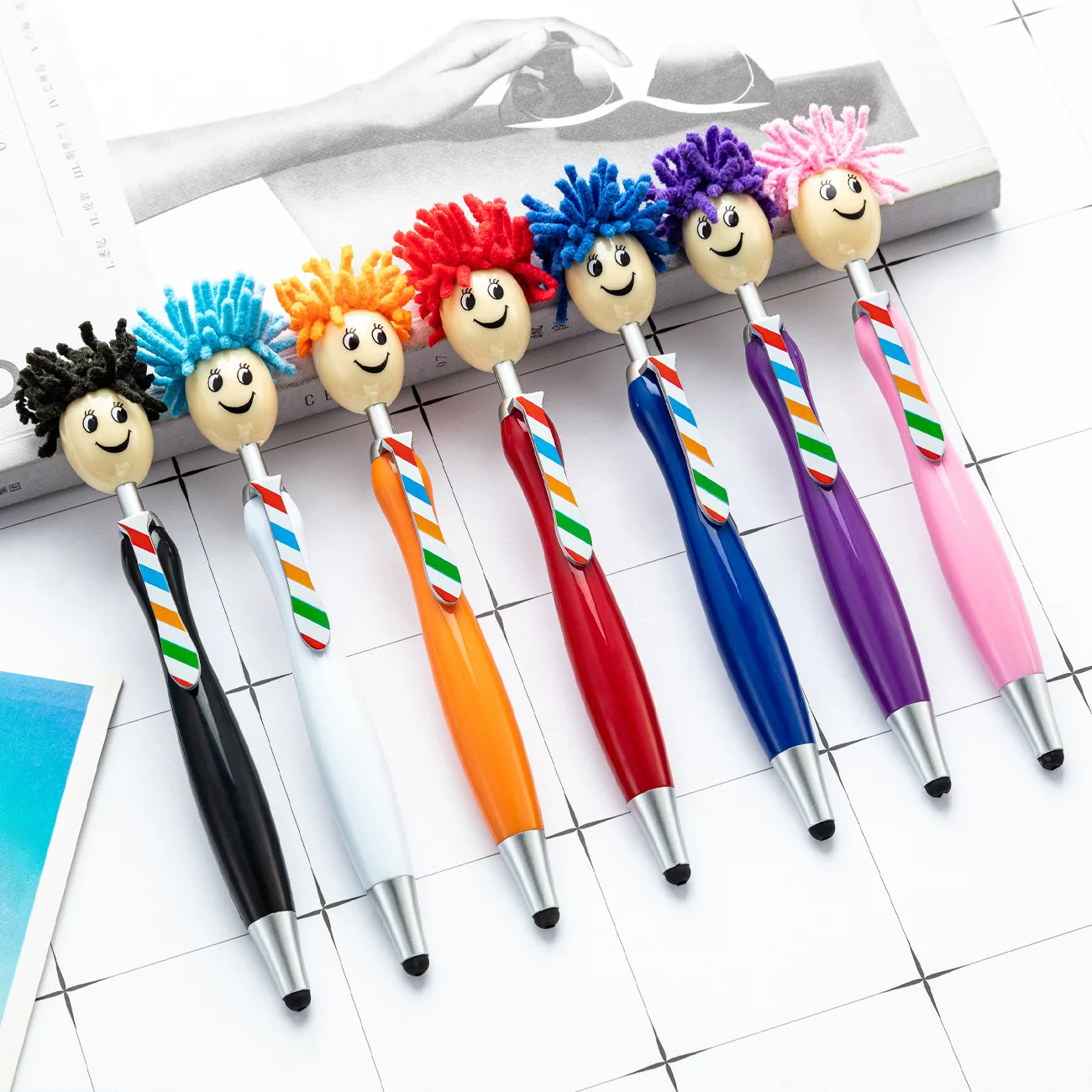 30PCS  Cute Plush Doll Head Ballpoint Pen 3D Cartoon Smiling Face Touch Screen Pen Christmas Gift Pen