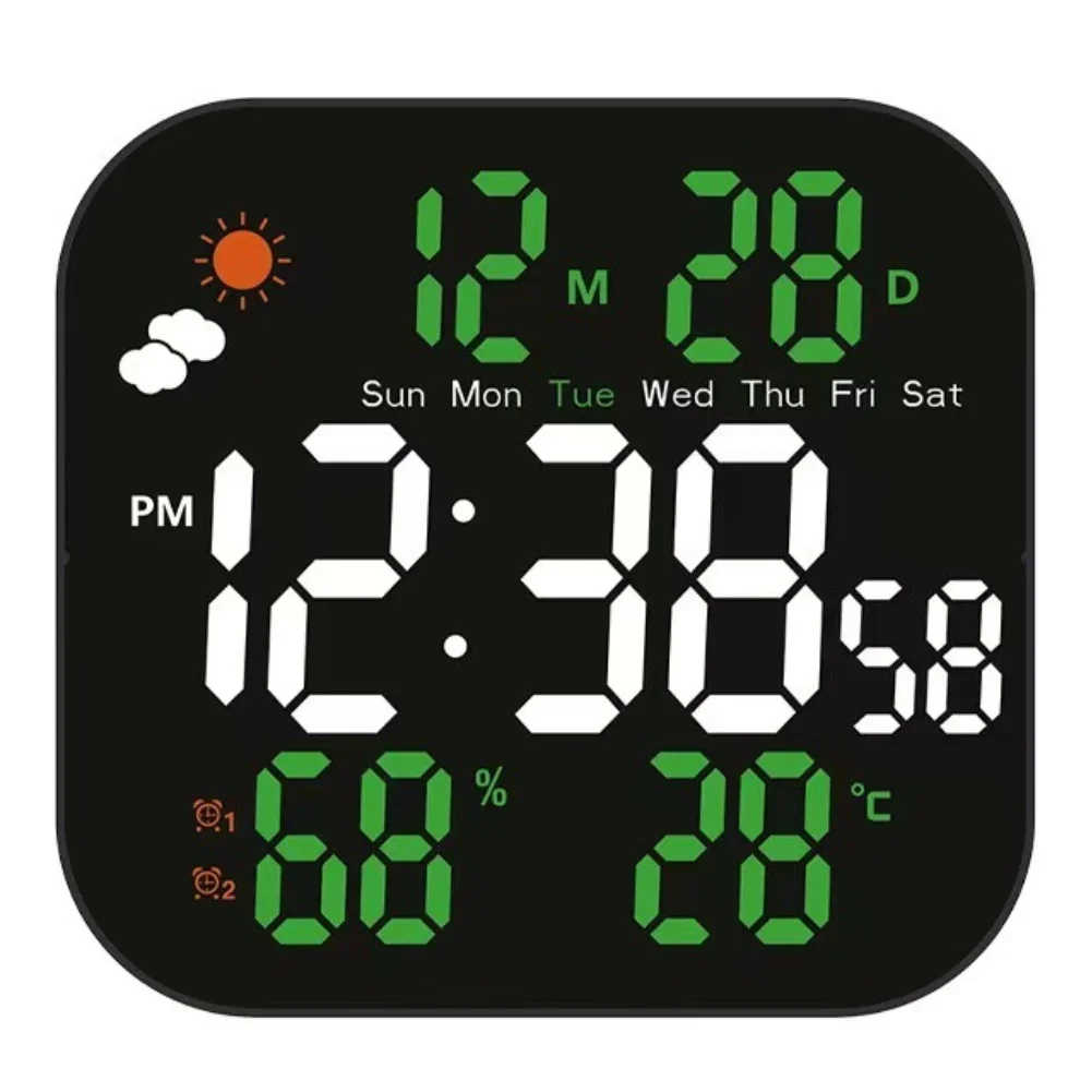 Large LCD Display Wall Clock With Weather Forecast Function Indoor Temperature Humidity Readings Dual Alarm Support Green White