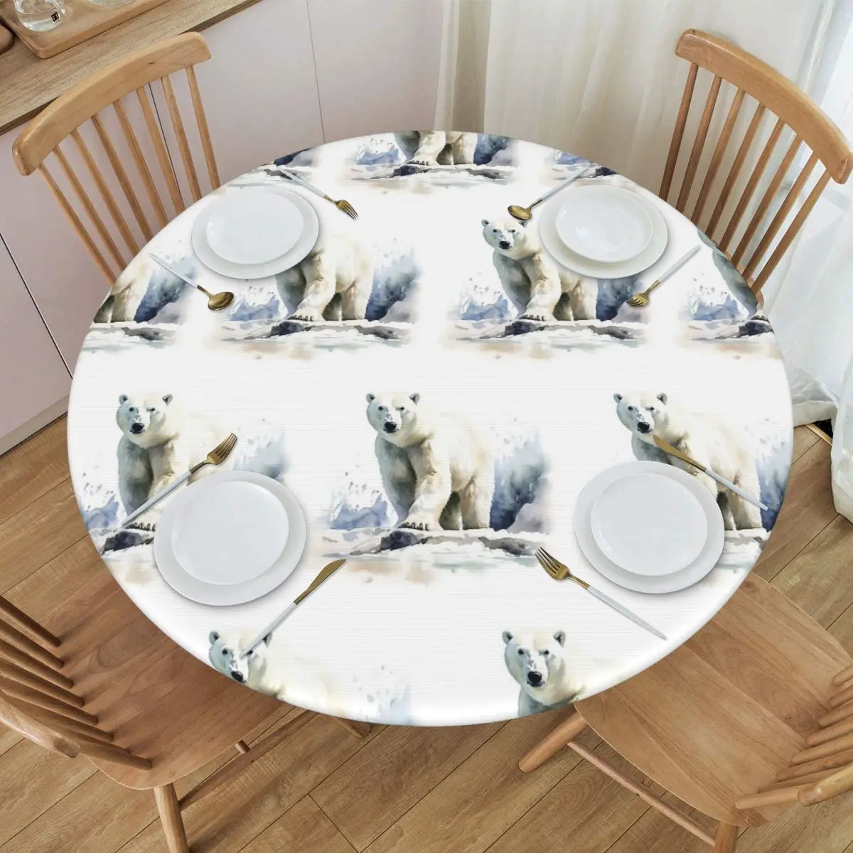 Watercolor Standing In The Snow Polar Bear Round Tablecloth Oilproof Table Cloth for Kitchen Events Dining Table Cover