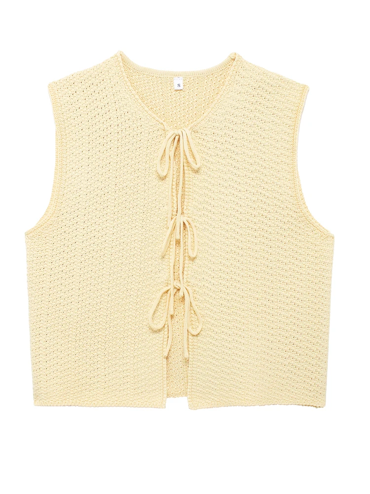 KAOPU ZA Women with bow knit cropped vest top vintage v-neck sleeveless tie-up female waistcoat chic tops