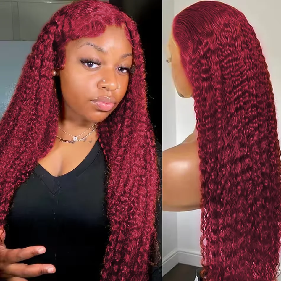 

99J Red Deep Wave Lace Front Human Hair Wigs Burgundy 13x6 HD Transparent Lace Frontal Wig Colored Curly Human Hair Wigs on Sale