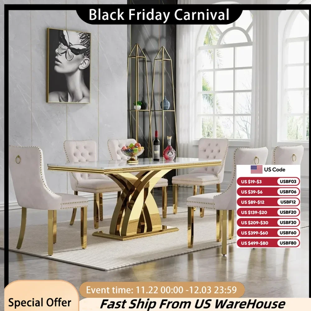 

Modern Artificial Marble Dining Table Set, Suitable for 6 People, Equipped with 6 White Velvet Dining Chairs