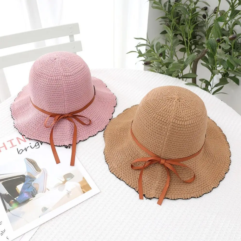 

Thin UV Protection Crochet Bucket Hat Foldable Hollow Knit Fisherman Hat Ribbon Bow Ruffle Brim Women's Basin Cap Girls