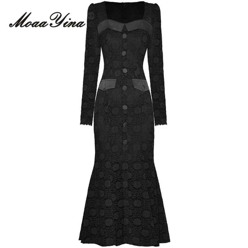 MoaaYina Summer Fashion Runway Black Vintage Mermaid Dress Women Square Collar Button High Waist Package Buttock Lace Long Dress