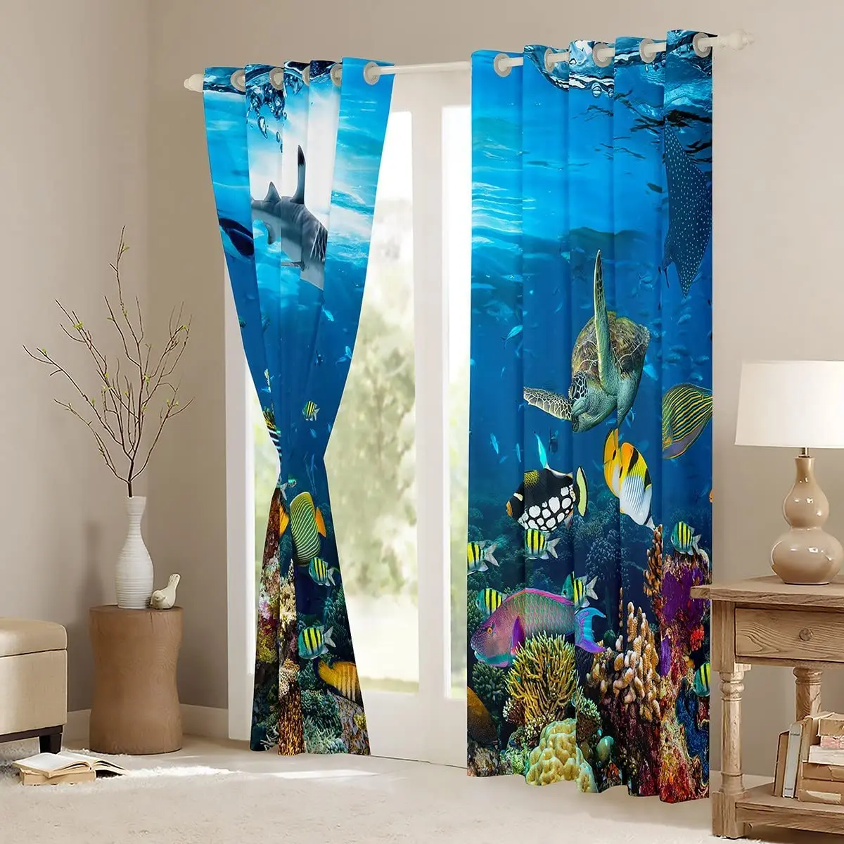 Kids Cartoon Ocean Fish Curtains Ocean Marine Theme Window Drapes for Bedroom Living Room Decor Boys Girls Sea Underwater World