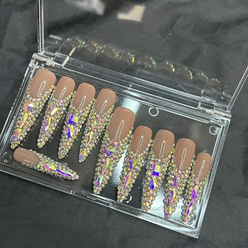 

Custom Handmade Luxury Bling Rhinestone 3XL Press On Nails XXXL Long Stiletto False Nail Tips Reusable Fake Nail With Glue Gift