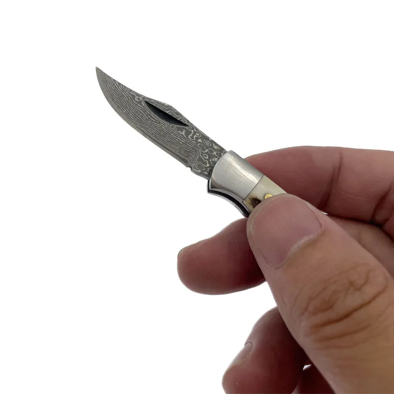 Handmade Damascus Steel  Antler Horn Handle Mini EDC Utility Pocket Folding Knife Tactical