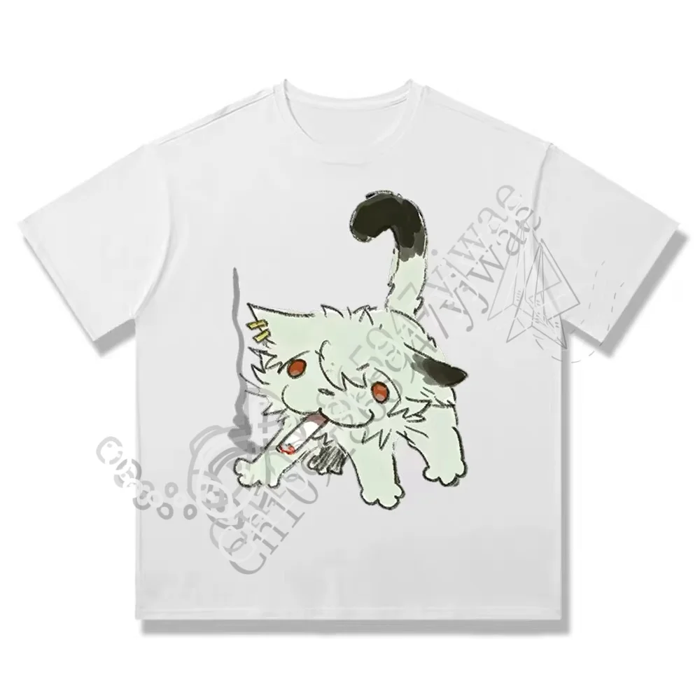 Chainsmoker Cat Yaniko Satou Cartoon Cute Graphic Short Sleeved Casual Streetwear Anime Fans Tee Summer Men Women T-Shirts