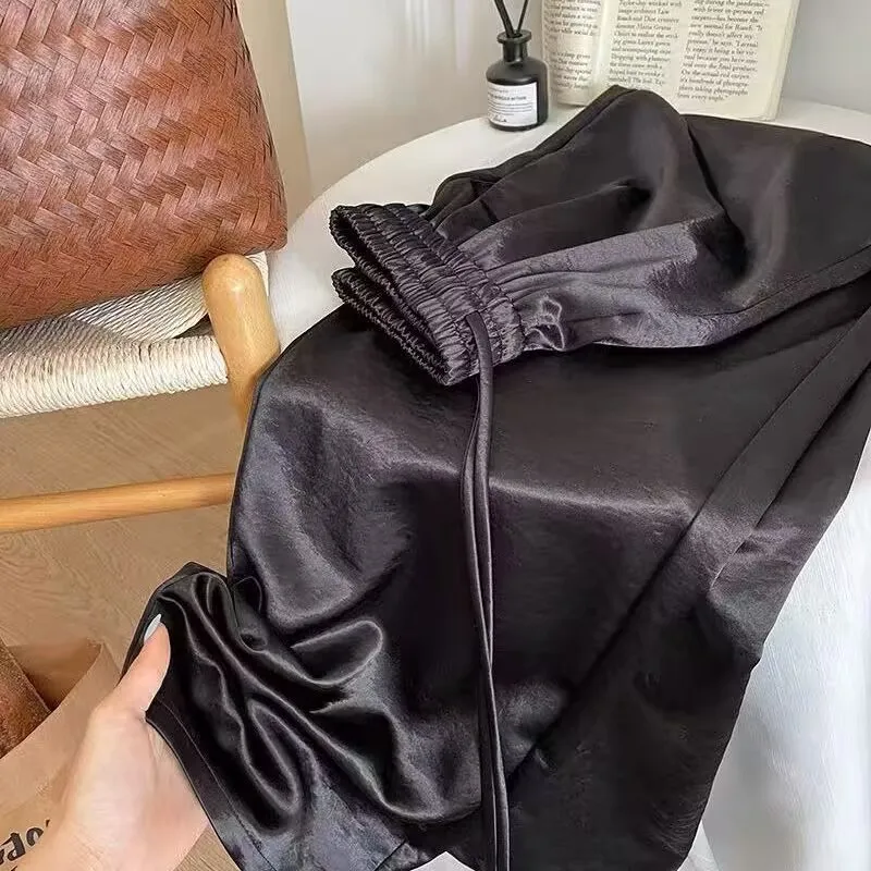 Elegant Acetate Satin Wide Leg Pants Women's High Waist Drapey Texture Casual Straight Leg Trousers Summer New Style