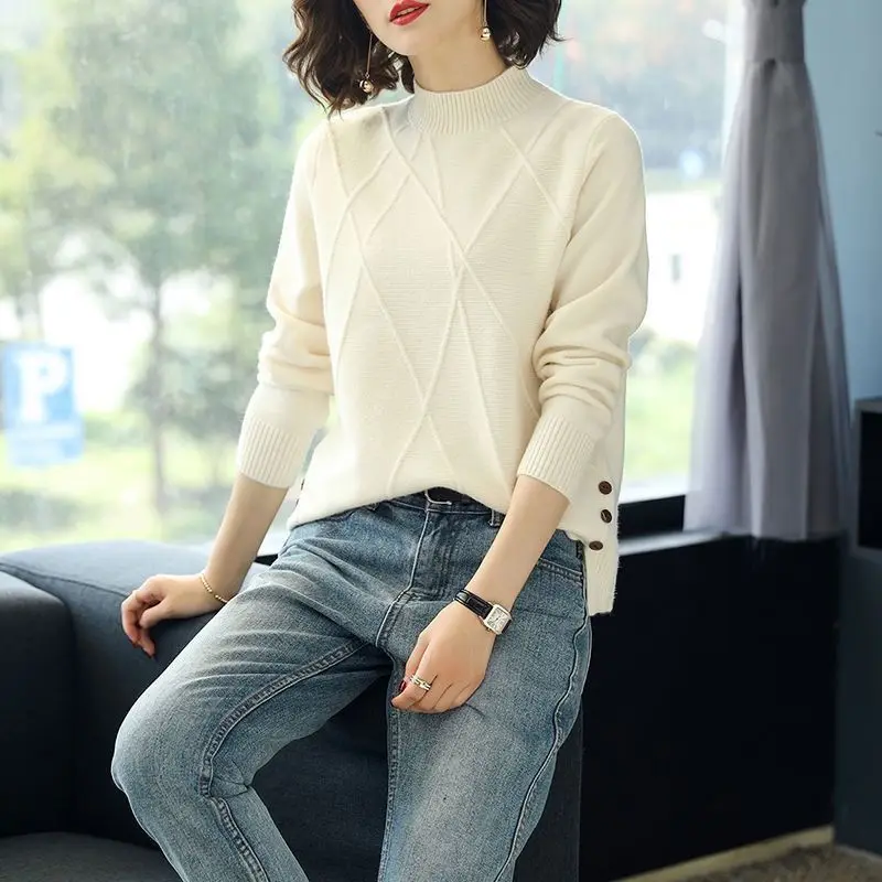 

Women's Autumn and Winter Fashion Simplicity Solid Color Half High Collar Sweater Women Clothes All-match Temperament Tops