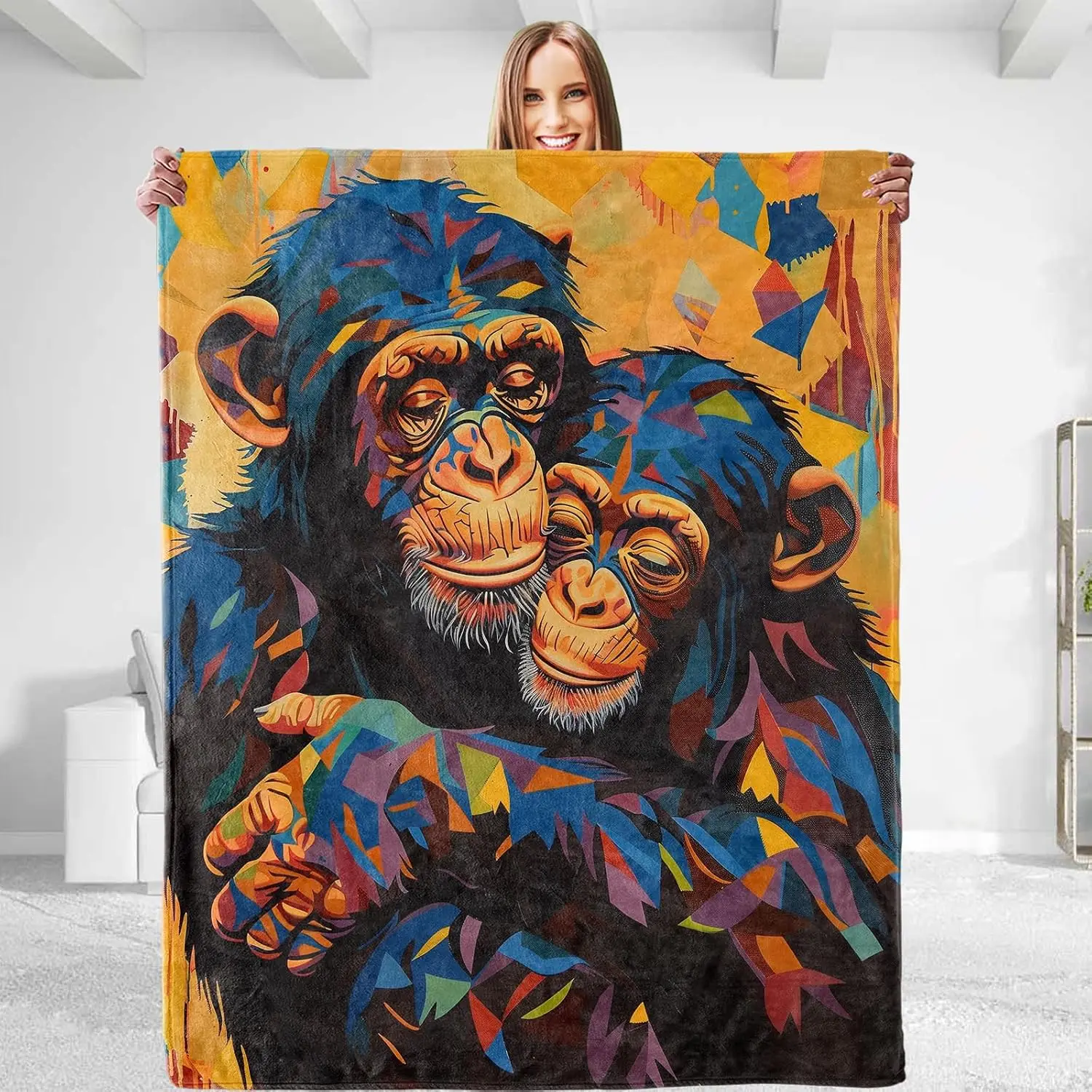 Colorful Chimpanzee Flannel Throw Blanket Abstract Art Monkey Print Soft Warm Blanket for Sofa Bedroom Animal Lover Gift