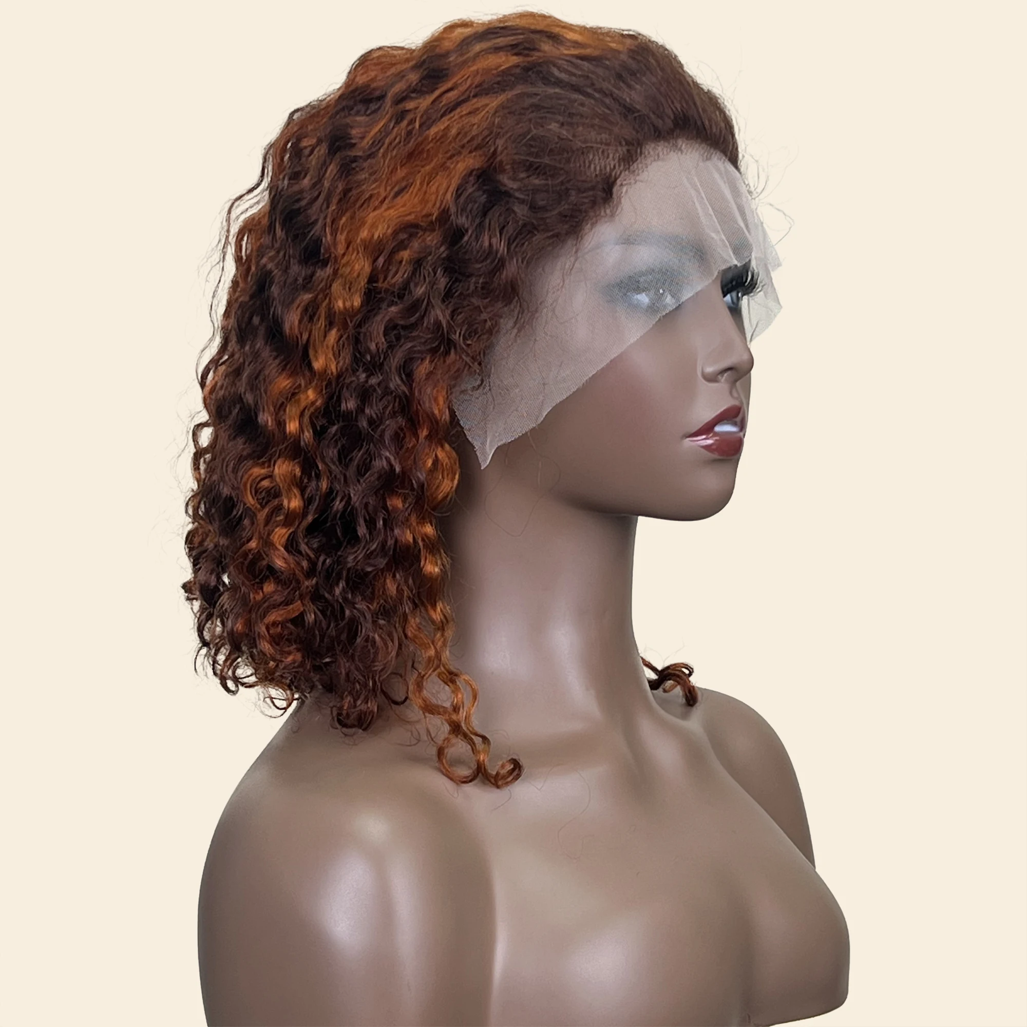 P4/350 Highlight Water Wave Bob Wigs Brazilian 13x4 Lace Frontal Human Hair Wig For Women Ginger Orange Brown Colored Curly Wigs