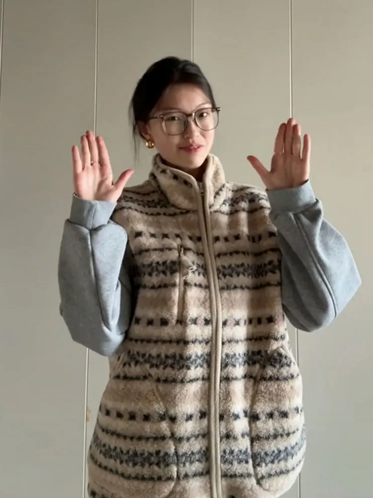 Retro Fair Isle Lamb Fur Vest Women's Autumn Winter New Sle High-End Feelings Layering Svel Top Coat