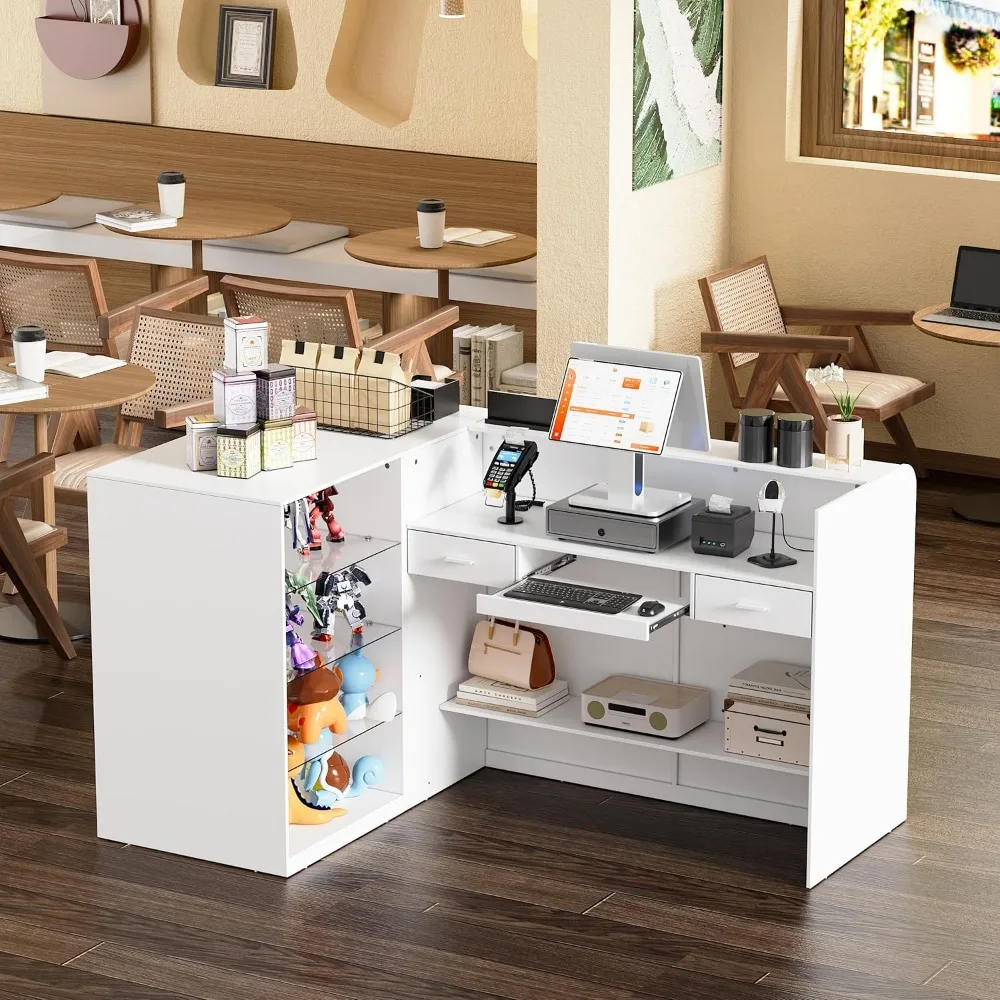 Reception Desk with Counter,70.9inch Front Counter Table with Transparent Display Case,Welcome Desk with 2 Drawers