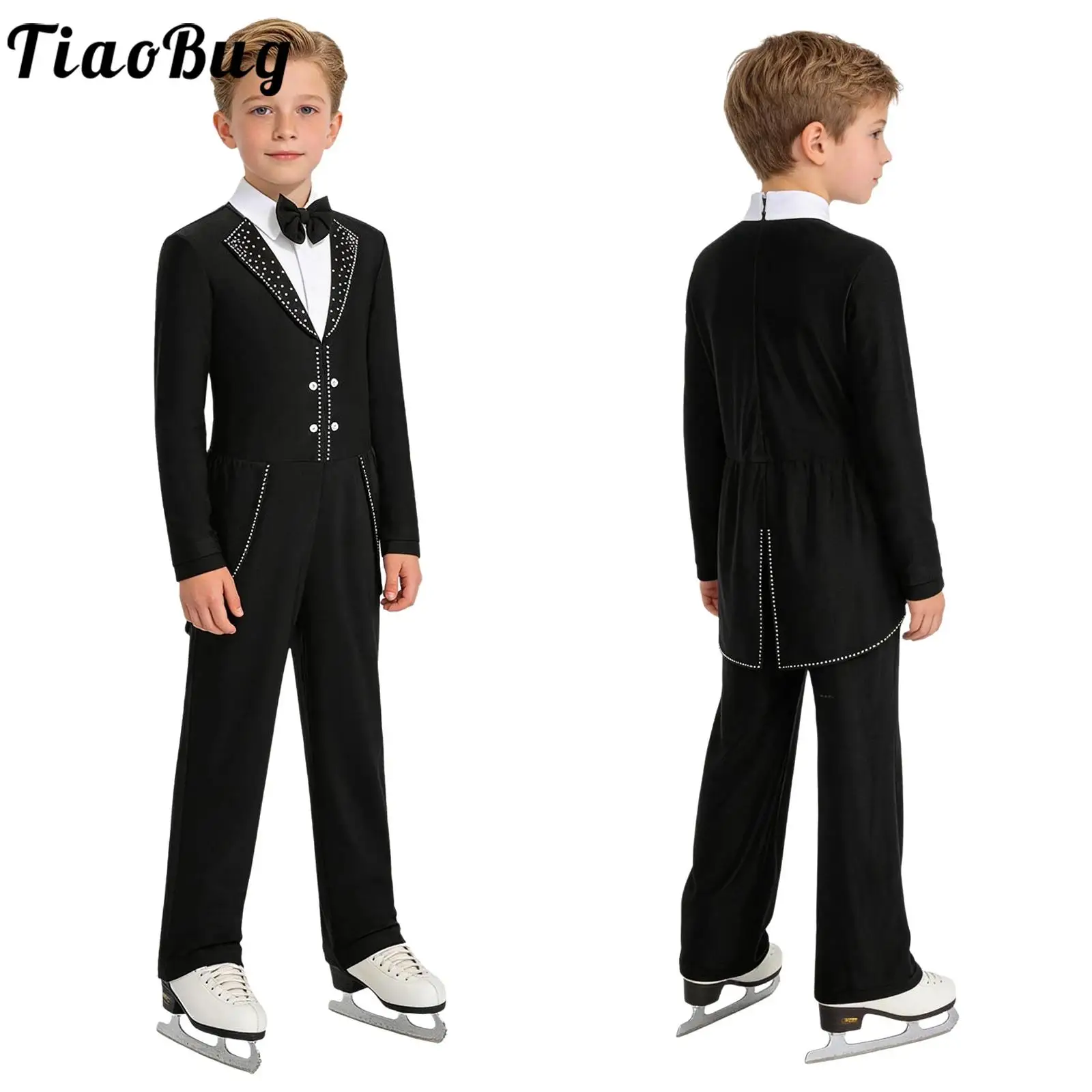 

Kid Boys Modern Ballet Figure Skating Dance Costume Bow Tie Collar Lapel Long Sleeve Zipper Jumpsuit for Performance Competition