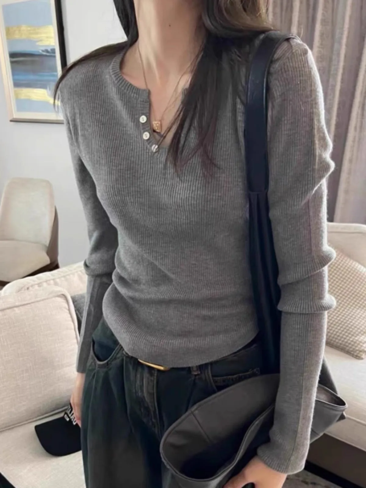 All-in-one thin buckle round neck cashmere knit base for women with a solid color sweater pullover wool long sleeve