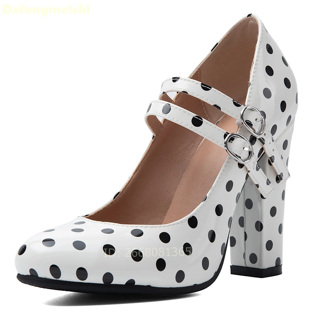 White Black Polka Dot Patent Mary Jane Pumps Round Toe Double Strap Buckle Block Chunky Heels Sandals Women Office Summer Shoes view 3