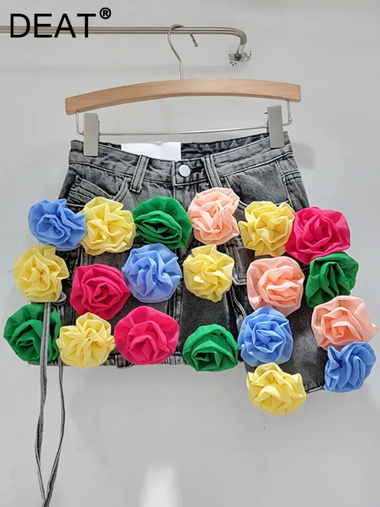 DEAT Women Denim Skirt Colorful Small Flowers A-line Wrap Hip Multiple Pockets Cargo Mini Skirts 2024 Summer New Fashion 29L7227