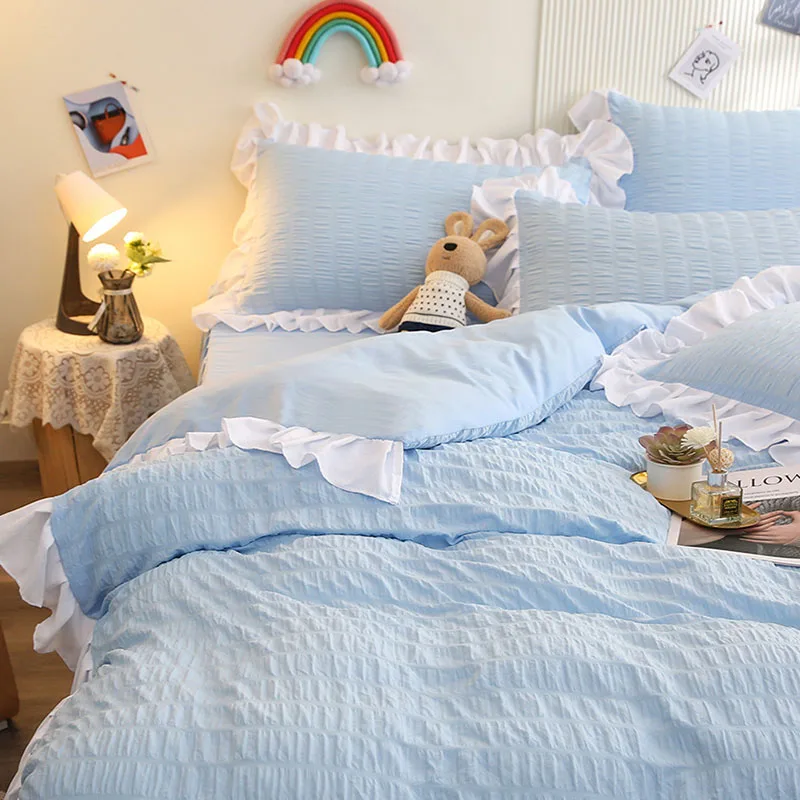 

Bubble Yarn Bed Skirt Bedding Sets with Lace Princess Washed Soft Breathable Duvet Cover Kit Single Bed Bedclothes for Adults