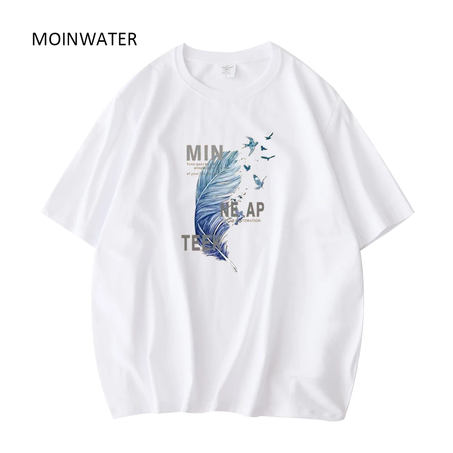 MOINWATER New Women Feather Printed T-shirts Female Purple Summer Short Sleeve Tees Lady Khaki Pure Cotton Cool Tops MT22033