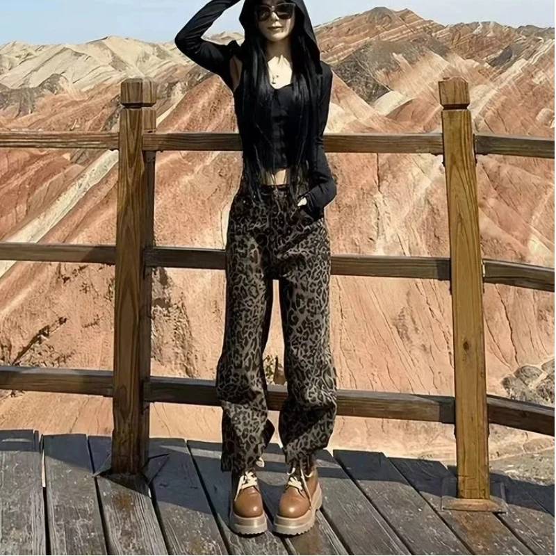 جينز نسائي Y2k جينز أمريكي ريترو بطبعة الفهد بنطال ذو قصة أرجل واسعة عالي الخصر فضفاض مناسب للشتاء تصميم جديد للتخسيس مستقيم طويل