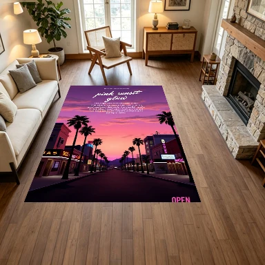 Pink Sunset City Street Palm Tree Scenery Carpet Flooring, Retro California Vibe Non-Slip Floor Rug for Living Room Bedroom Home Decoration