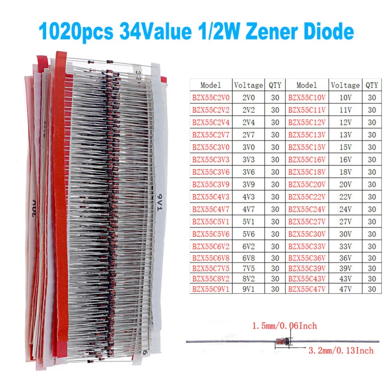1020pcs 34Value DO-35 1/2W 2V-47V High-Voltage Zener Diode Assorted kit set Each 30pcs