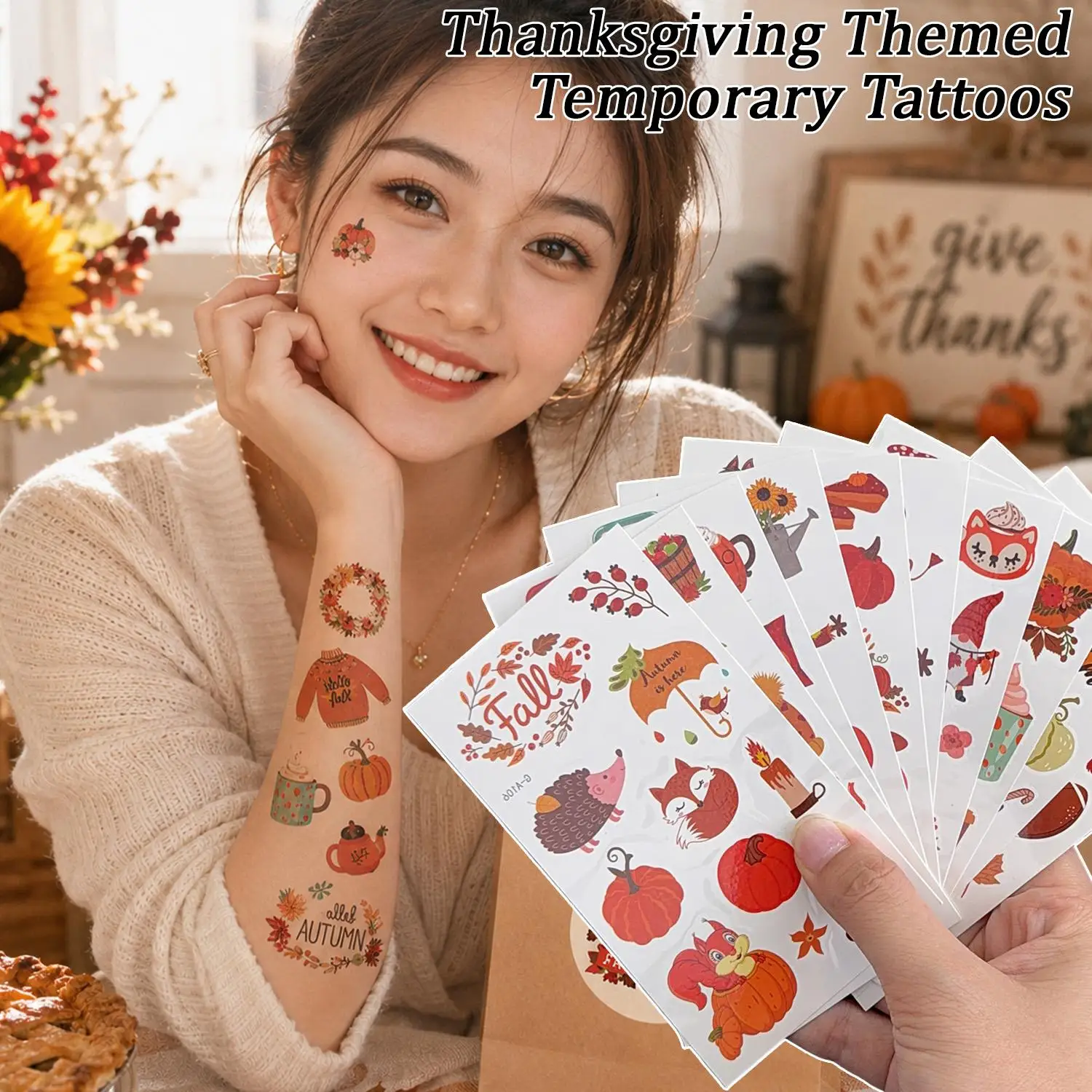 Thanksgiving Temporary Tattoos Autumn Harvest Tattoos Waterproof Arm Hands Body Stickers Lasting Cartoon Festive Dressing Decals
