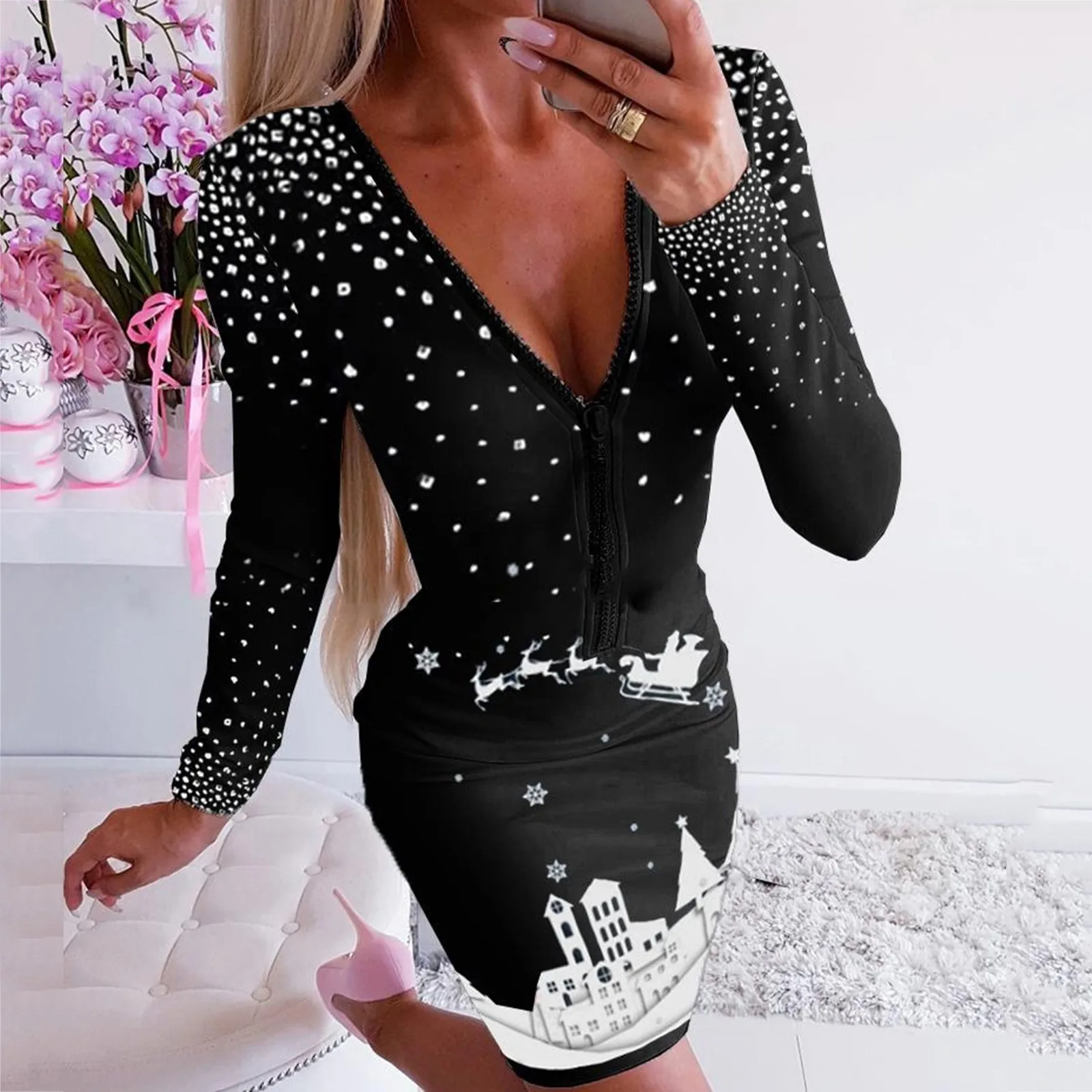 Christmas Print Dress Women Zippered V Neck Long Sleeve Bodycon Elegant Vintage Autumn Winter Robe Vestidos Streetwear