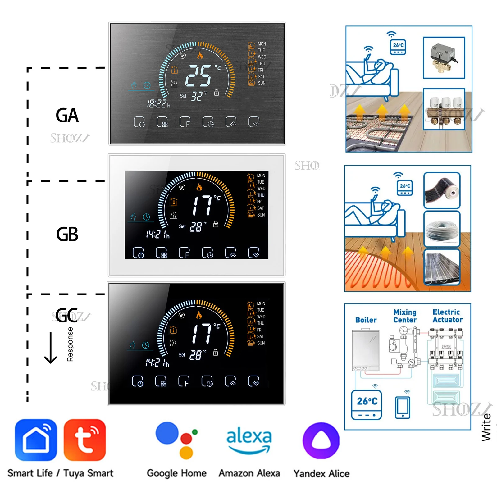 TUYA WIFI Programmable Thermostat for (16A Electric Floor Heating,/Water Heating /Dry Contact  GAS Boiler ) With Alexa. Google