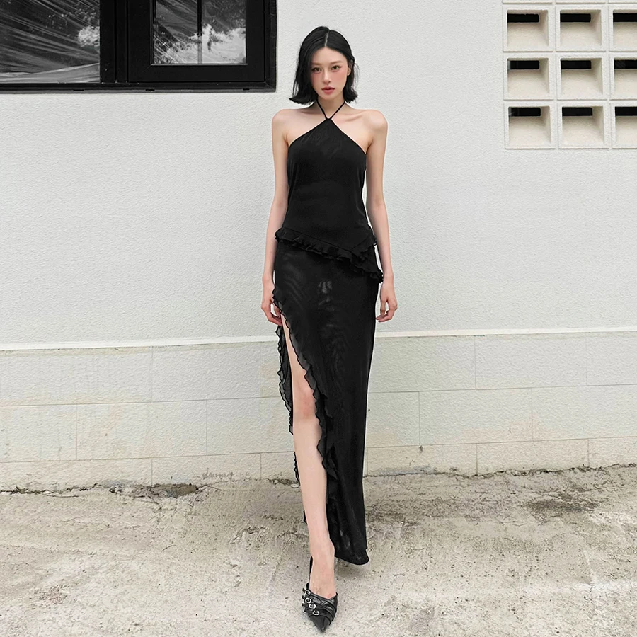 SylCue Rüschen Dekoration Langes Kleid Frau Durchsichtig Neckholder Off Schulter Backless Splits Prom Party Elegante Dünne Vestidos