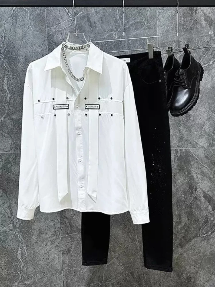 Men's Niche Metallic Rivet Shirt Rebellious Chic Korean Style Long Sleeve Button-Up for Spring Autumn, Edgy Urban Fashion Top