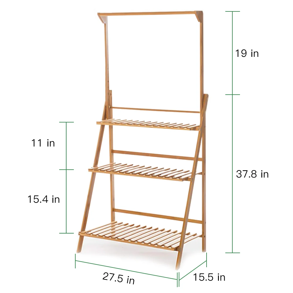Soporte plegable de bambú para plantas colgantes, organizador de macetas, estantes de almacenamiento, estante de exhibición de flores, 3 niveles