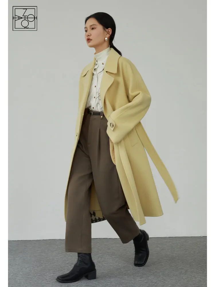 

ZIQIAO Classic Style Double-sided Cashmere Coat Women Einter 2022 High-end Hepburn Commuter Female Mid-length Woolen Coats