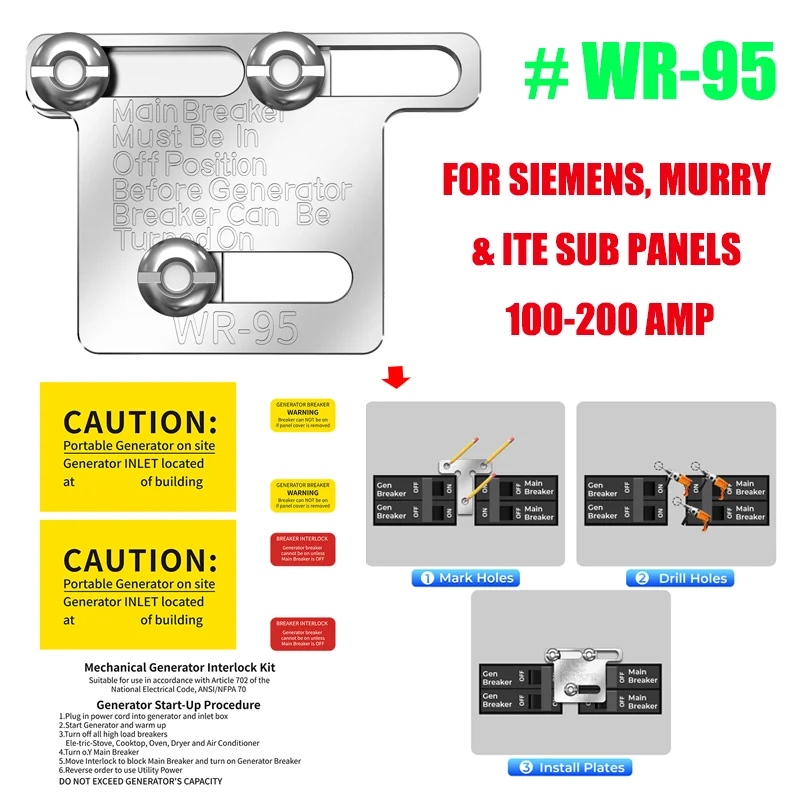 

WR-95 Generator Interlock Kit For Siemens Murry ITE Sub 100-200Amp LISTED Panels