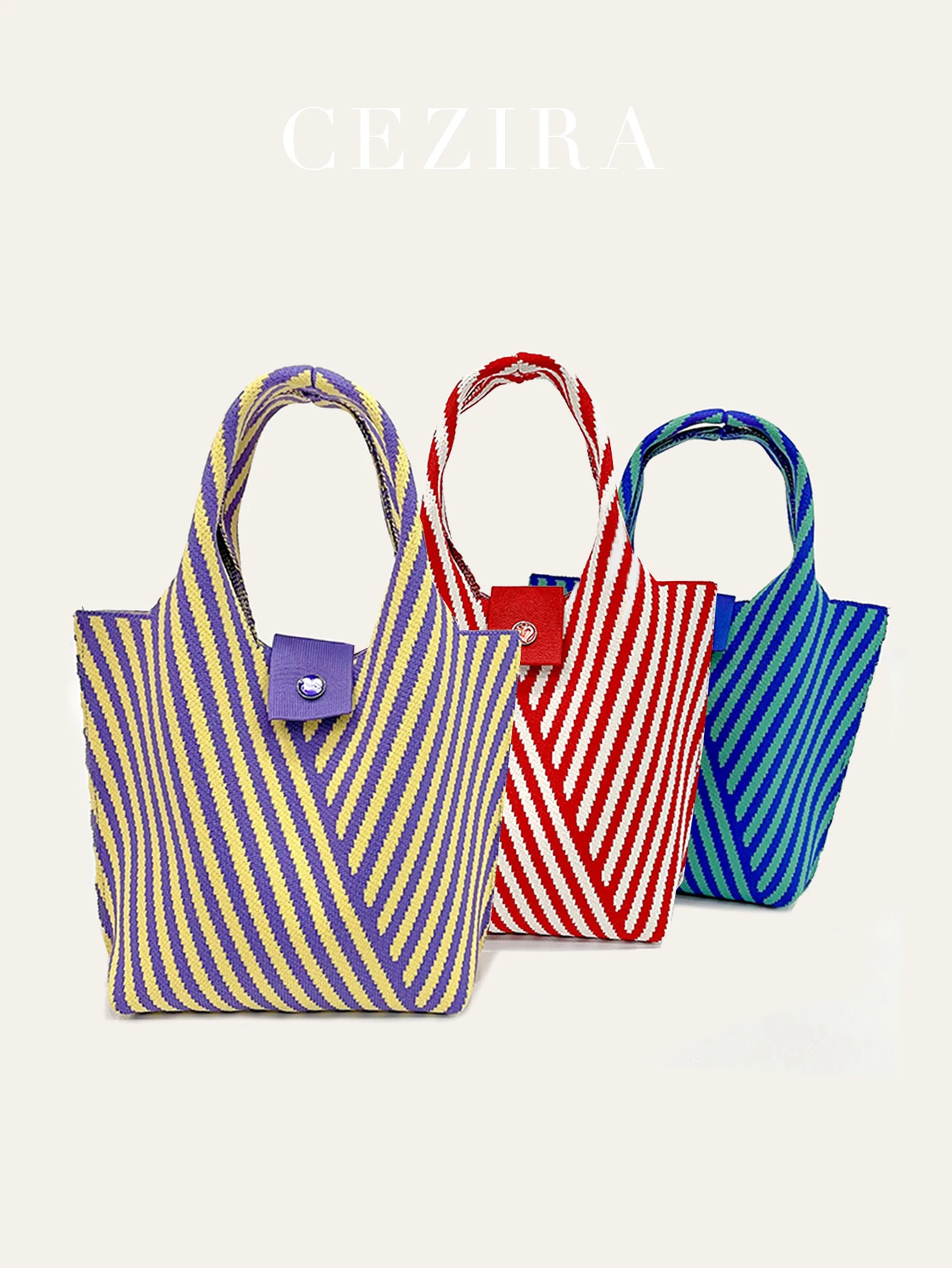 CEZIRA Casual Knitting Polyester Handbags Fashionable Contrast Color Ctripes Purse Women Top-handle Bucket Bags Daily Travel