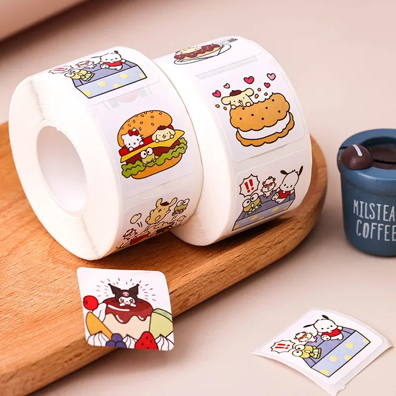 Sanrio Gourmet Stickers Square Seal Stickers 500PCS Self-adhesive Labels Children\'s Cartoon Roll Stickers Christmas Gifts