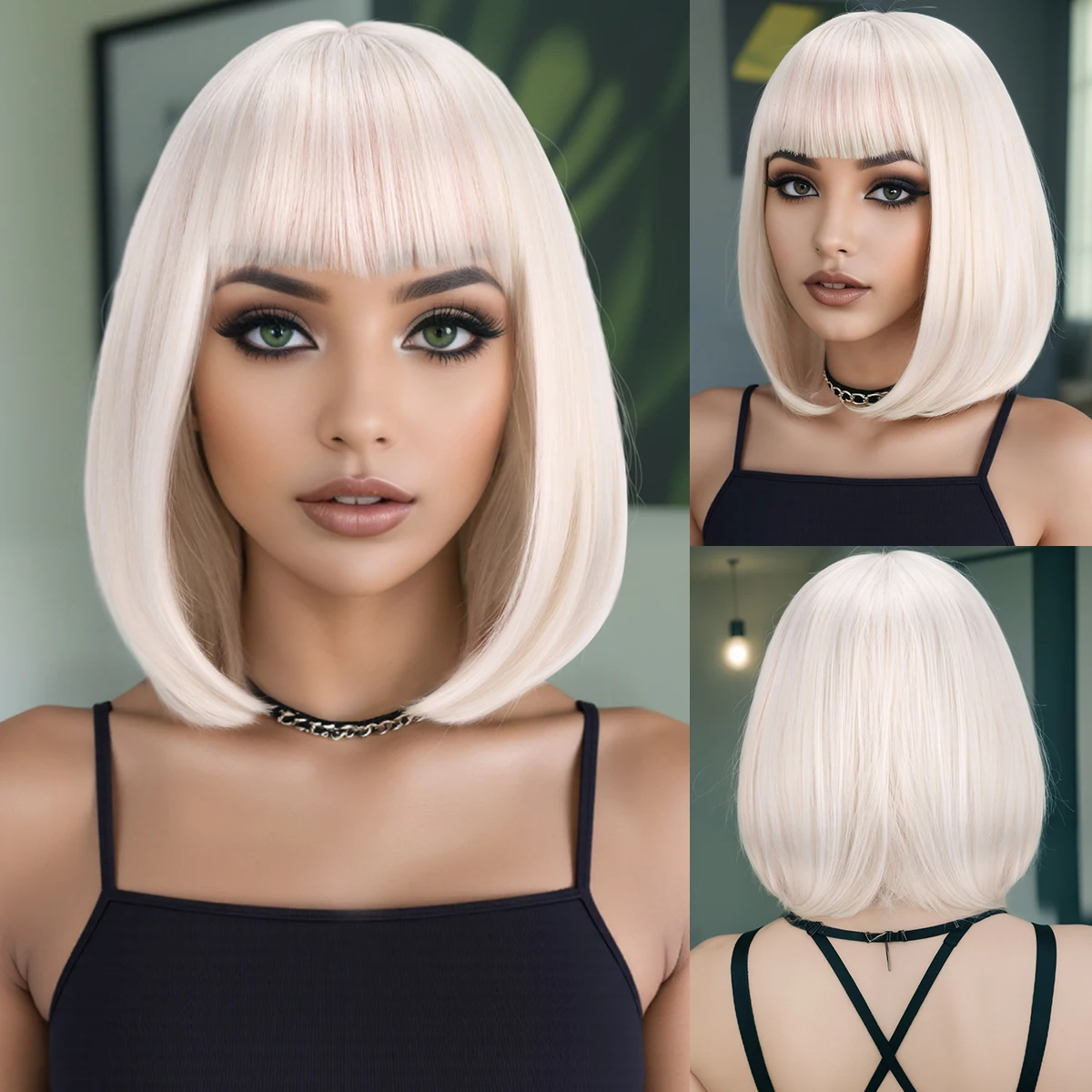 

European and American wig, short straight hair, wavy head, mid split female collarbone hair, full head cover Synthetic fiber wig