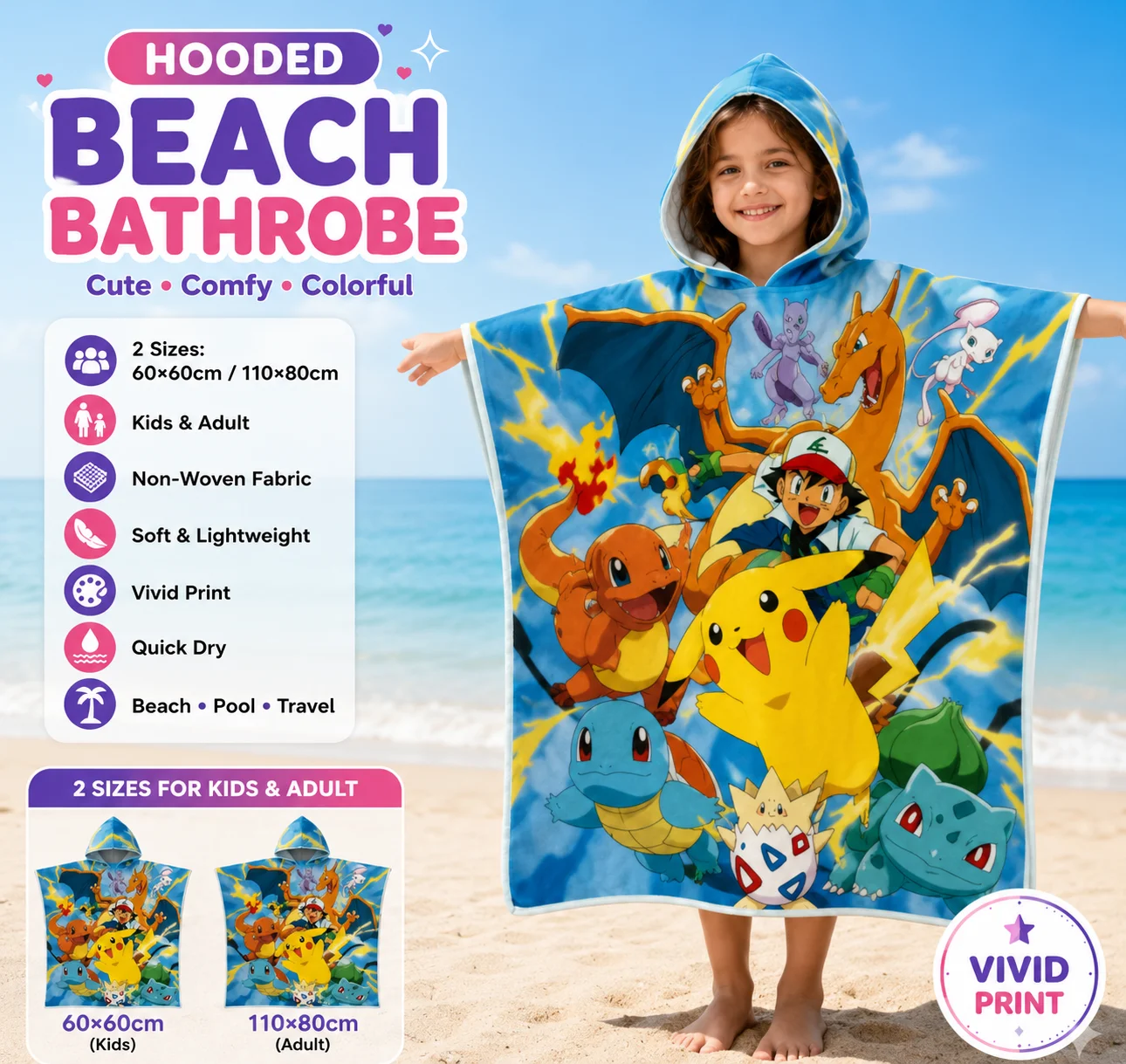 Niedlicher Anime-Monster-Gruppen-Druck Kapuzen-Strandponcho-Handtuch Schnelltrocknender Weicher Bademantel für Kinder Jungen Mädchen