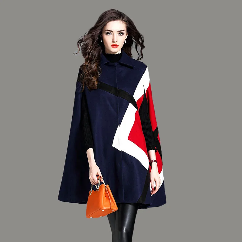 Women Cloak Tweed Outerwear 2022 Autumn Winter Lapel Batwing Sleeve Patchwork Wool Blends Thick Cape Loose Fashion Coat