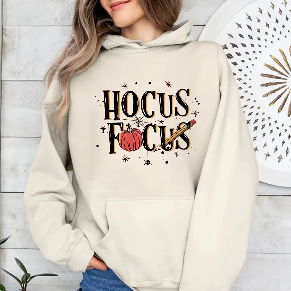 Hocus Focus Pumpkin Women’s Halloween Autumn Winter Hoodie Spooky Season Oversize Female Fashion O Neck Cotton Lady Tops Y2k