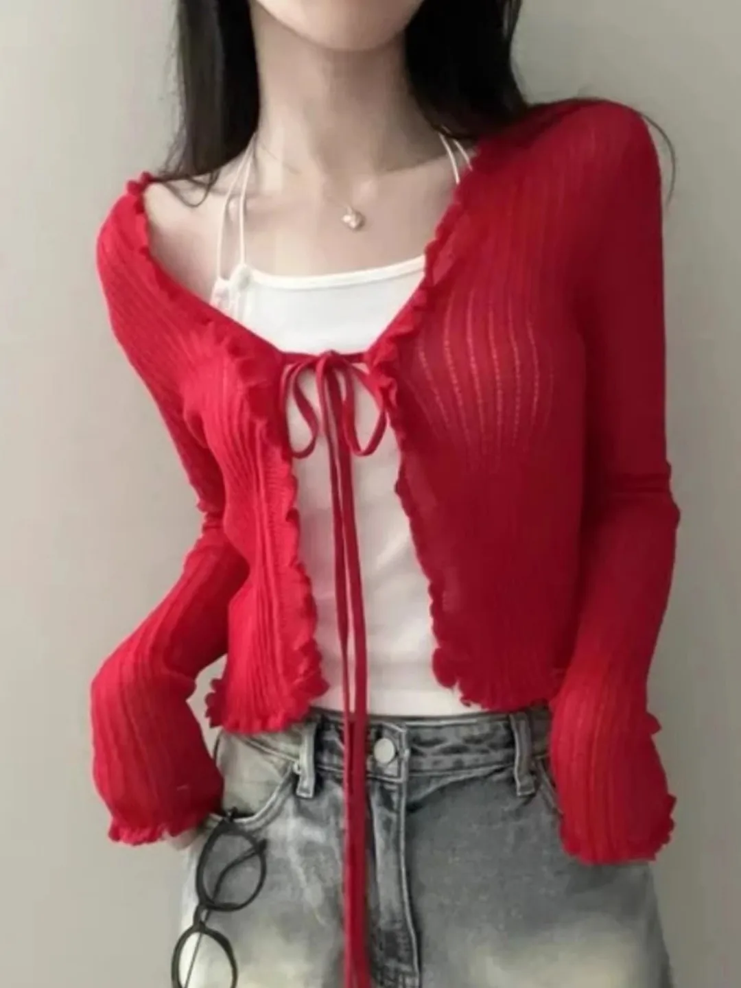 تكدرت تقليم التعادل الجبهة طويلة الأكمام المحاصيل الأعلى المرأة طويلة الأكمام مفتوحة الجبهة مضلع سترة متماسكة سترة الصيف Fairycore الزي