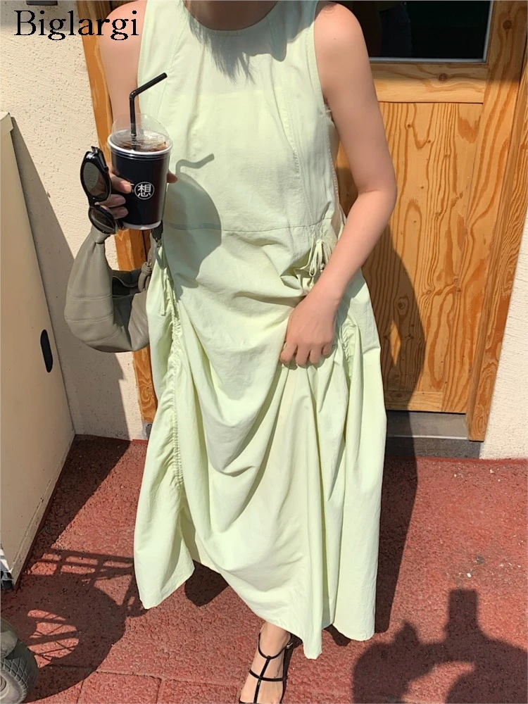

Summer Sleeveless Dress Women Irregular Pleated Fashion Korean Style Ladies Dresses Loose Ruffle Woman A-Line Long Dress