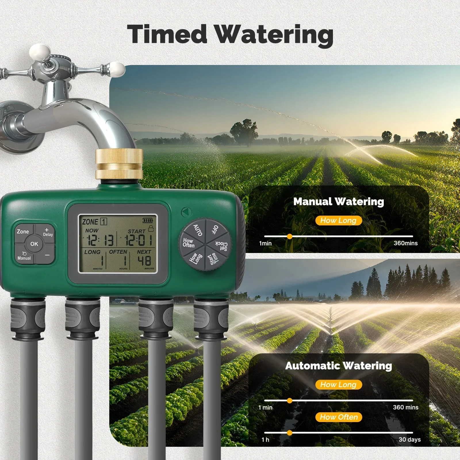 4-Outlet Digital Water Timer Brass Inlet Knob Button Automatic Irrigation LCD Display Screen IPX5 Garden Tools Sprinklers