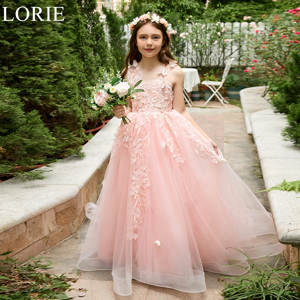 LORIE Cute Pink Tulle Flower Girl Dresses A-Line O-Neck Pleated Lace Appliques Wedding Party Dress Long Birthday Dress Customize