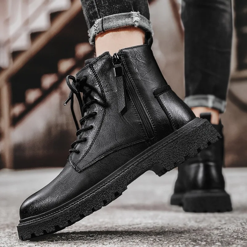 Men's Black Ankle Boots Side Zipper Genuine Leather Combat Boots Male Non-slip Fashion Motorcycle Boots Casual Work Footwear view 6